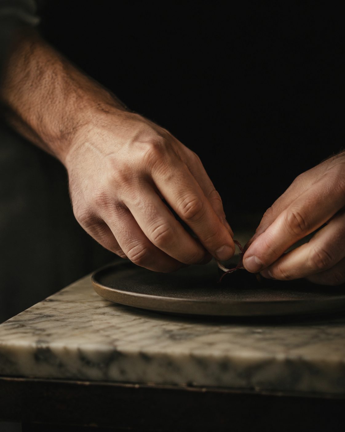 A chef’s hands plating a dish
